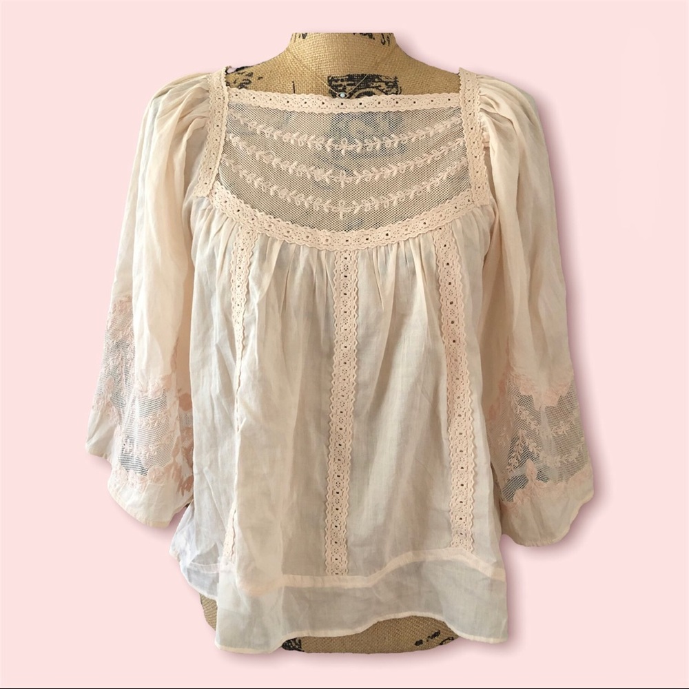 ☕️ Lace floral detailed blouse with slight sheer sleeves and neckline